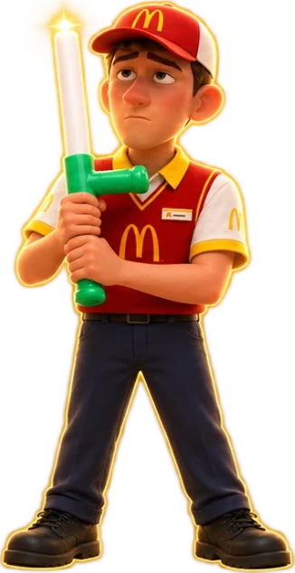 Normie holding the glowing baton upright with both hands